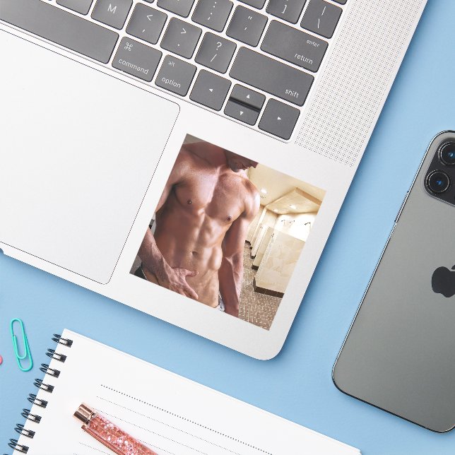 SlipperyJoe shirtless muscular man sixpack abs fit (Laptop w/ iPhone)