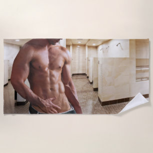 SlipperyJoe shirtless muscular man sixpack abs fit Beach Towel