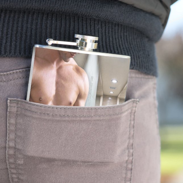 SlipperyJoe shirtless muscular man sixpack abs fit Hip Flask (In Situ)