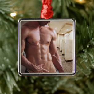 SlipperyJoe shirtless muscular man sixpack abs fit Metal Ornament