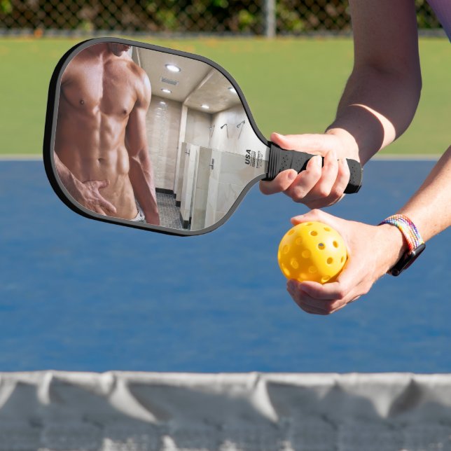 SlipperyJoe shirtless muscular man sixpack abs fit Pickleball Paddle (Insitu)