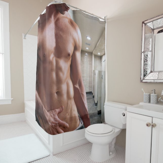 SlipperyJoe shirtless muscular man sixpack abs fit Shower Curtain (In Situ)