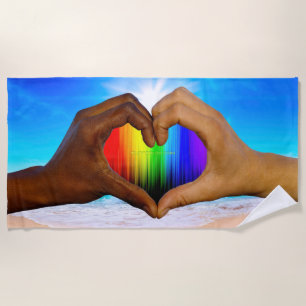SlipperyJoe vivid rainbow gradient heart interraci Beach Towel