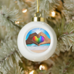 SlipperyJoe vivid rainbow gradient heart interraci Ceramic Ball Christmas Ornament