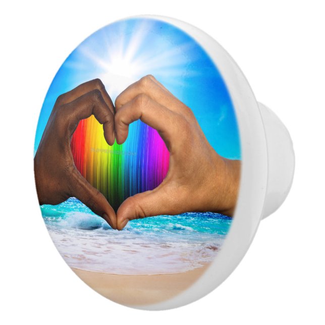 SlipperyJoe vivid rainbow gradient heart interraci Ceramic Knob (Right)
