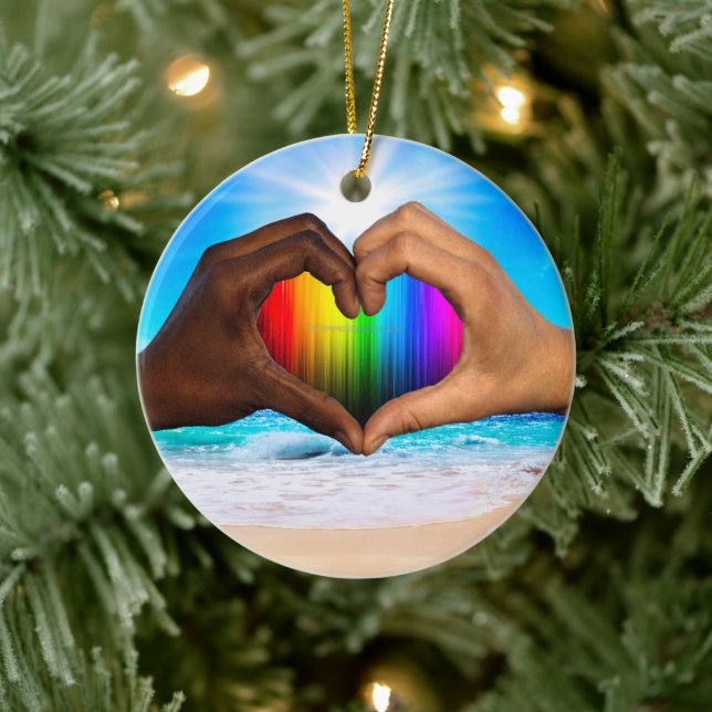SlipperyJoe vivid rainbow gradient heart interraci Ceramic Ornament (Tree)