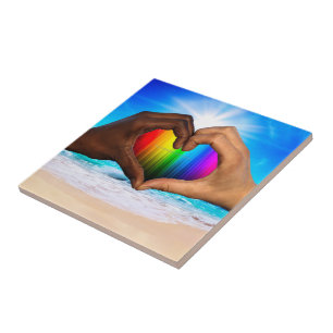 SlipperyJoe vivid rainbow gradient heart interraci Ceramic Tile