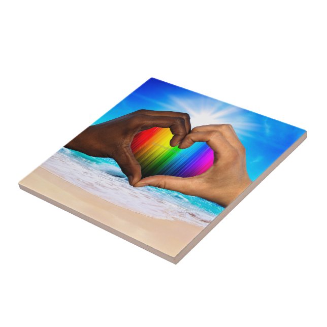 SlipperyJoe vivid rainbow gradient heart interraci Ceramic Tile (Side)