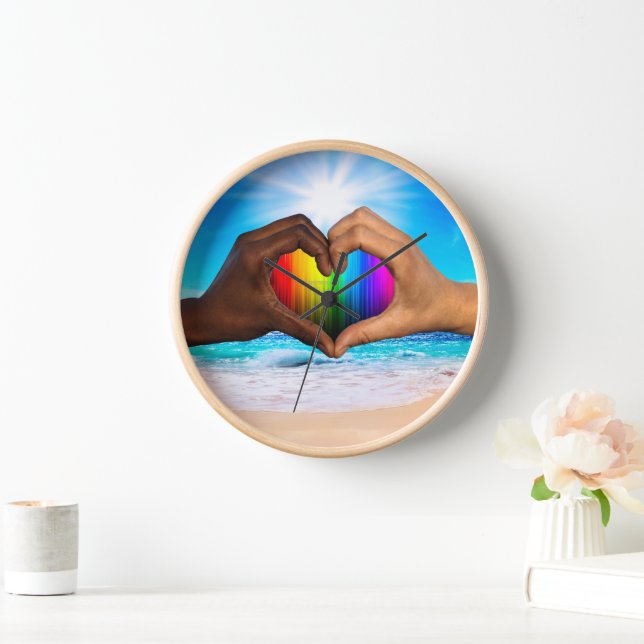 SlipperyJoe vivid rainbow gradient heart interraci Clock (Home)