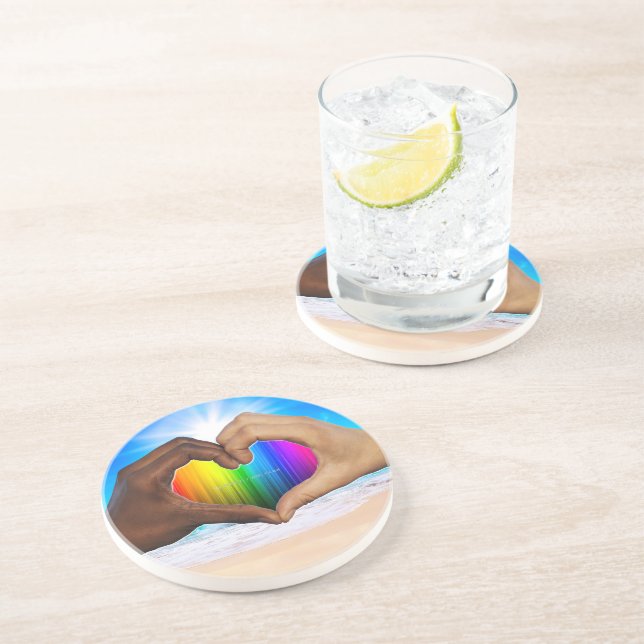 SlipperyJoe vivid rainbow gradient heart interraci Coaster (Side)