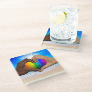 SlipperyJoe vivid rainbow gradient heart interraci Glass Coaster