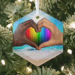 SlipperyJoe vivid rainbow gradient heart interraci Glass Tree Decoration