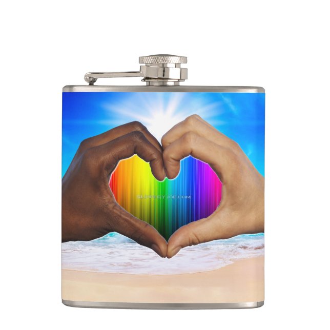 SlipperyJoe vivid rainbow gradient heart interraci Hip Flask (Front)