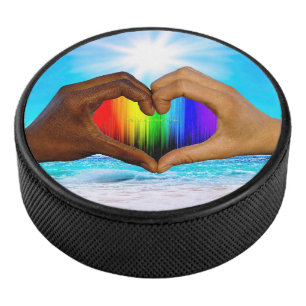 SlipperyJoe vivid rainbow gradient heart interraci Hockey Puck