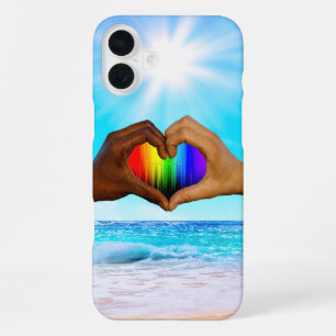 SlipperyJoe vivid rainbow gradient heart interraci iPhone 16 Plus Case