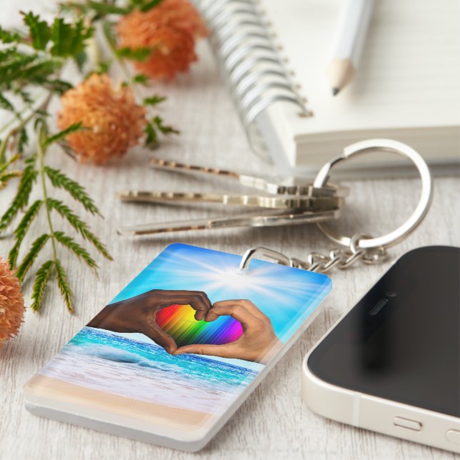 SlipperyJoe vivid rainbow gradient heart interraci Key Ring (Front Right)
