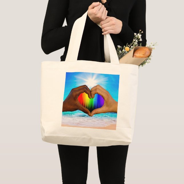 SlipperyJoe vivid rainbow gradient heart interraci Large Tote Bag (Front (Product))