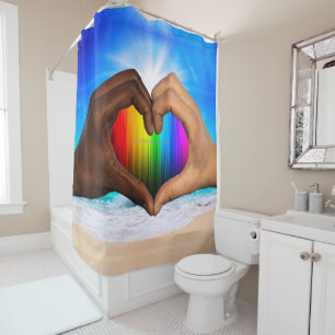 SlipperyJoe vivid rainbow gradient heart interraci Shower Curtain