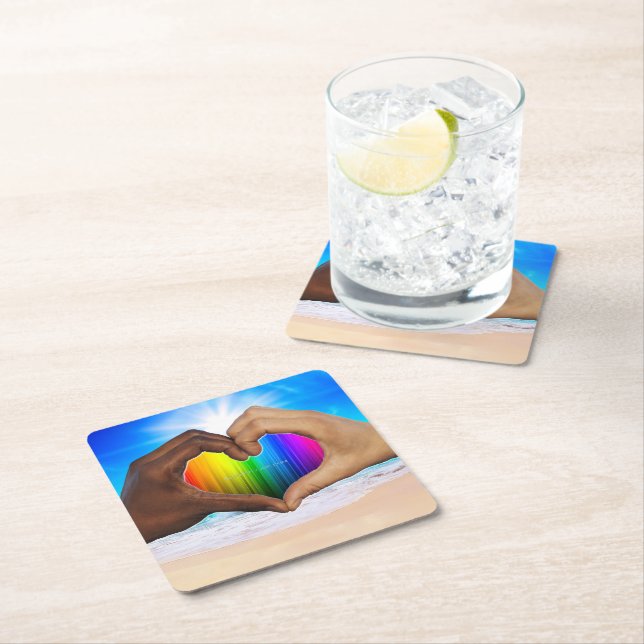 SlipperyJoe vivid rainbow gradient heart interraci Square Paper Coaster (Insitu)