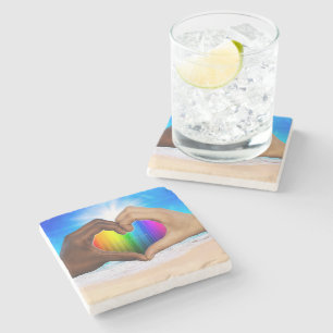 SlipperyJoe vivid rainbow gradient heart interraci Stone Coaster