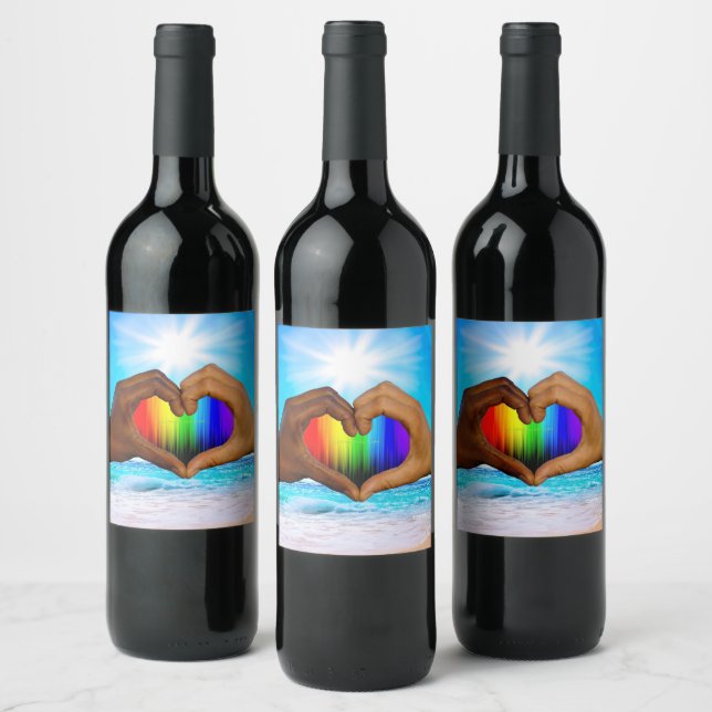 SlipperyJoe vivid rainbow gradient heart interraci Wine Label (Bottles)