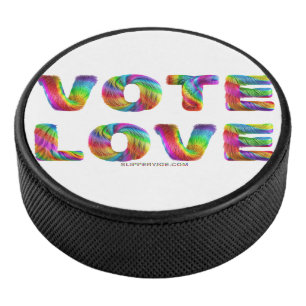 SlipperyJoe vote love equality rainbow-coloured fu Hockey Puck