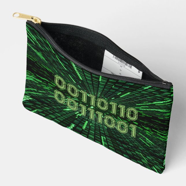 SlipperyJoe's 69 binary code vibrant green compute Accessory Pouch (Open)