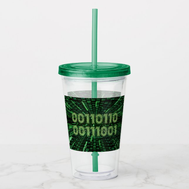 SlipperyJoe's 69 binary code vibrant green compute Acrylic Tumbler (Front)