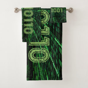 SlipperyJoe's 69 binary code vibrant green compute Bath Towel Set