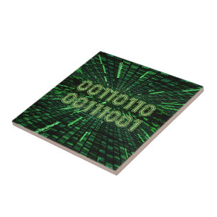 SlipperyJoe's 69 binary code vibrant green compute Ceramic Tile