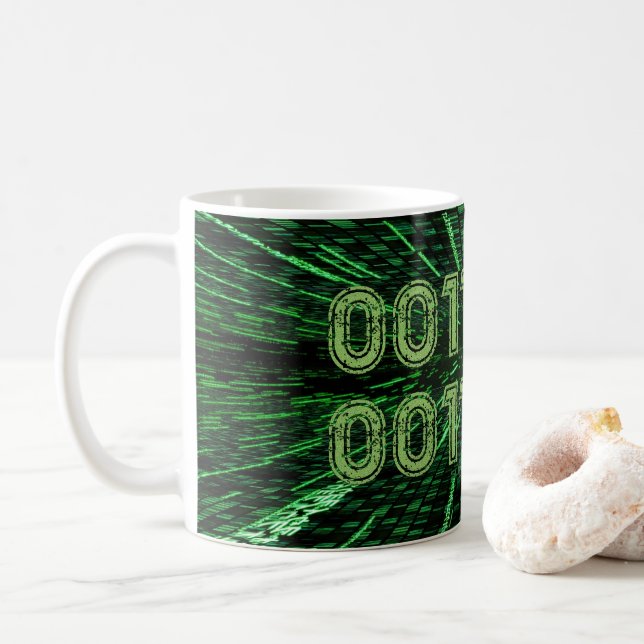 SlipperyJoe's 69 binary code vibrant green compute Coffee Mug (With Donut)