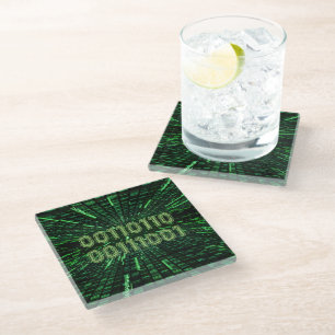 SlipperyJoe's 69 binary code vibrant green compute Glass Coaster