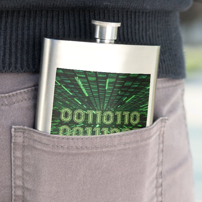 SlipperyJoe's 69 binary code vibrant green compute Hip Flask (In Situ)