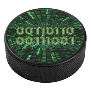 SlipperyJoe's 69 binary code vibrant green compute Hockey Puck