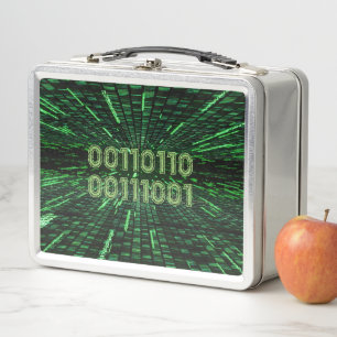 SlipperyJoe's 69 binary code vibrant green compute Metal Lunch Box
