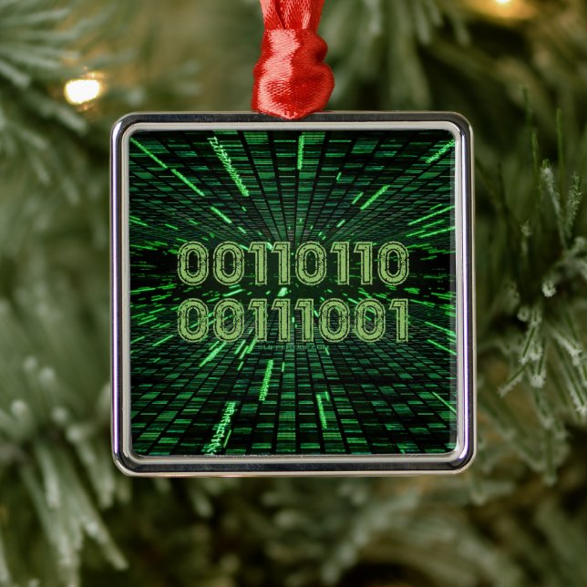 SlipperyJoe's 69 binary code vibrant green compute Metal Ornament (Tree)