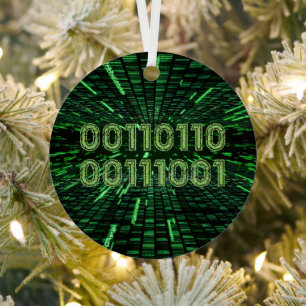 SlipperyJoe's 69 binary code vibrant green compute Metal Tree Decoration