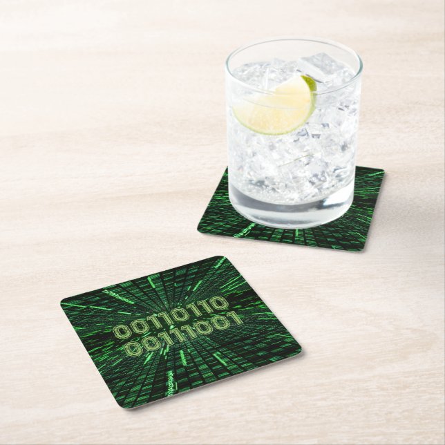 SlipperyJoe's 69 binary code vibrant green compute Square Paper Coaster (Insitu)