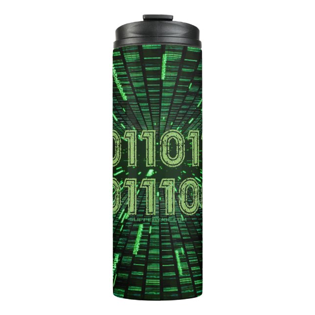 SlipperyJoe's 69 binary code vibrant green compute Thermal Tumbler (Front)