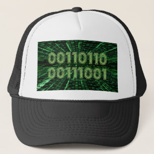 SlipperyJoe's 69 binary code vibrant green compute Trucker Hat