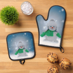 SlipperyJoe's adorable Christmas snowman character Oven Mitt & Pot Holder Set