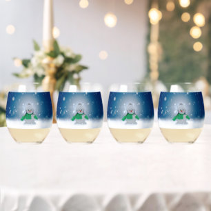 SlipperyJoe's adorable Christmas snowman character Stemless Wine Glass