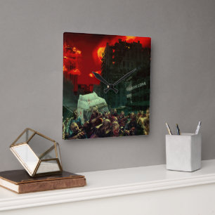 SlipperyJoe's apocalyptic Halloween scene large gr Square Wall Clock