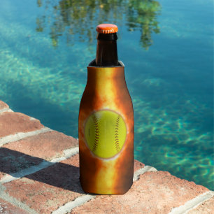 SlipperyJoe's artistic Softball on fire gay gifts Bottle Cooler