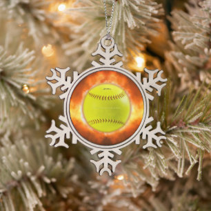 SlipperyJoe's artistic Softball on fire gay gifts Snowflake Pewter Christmas Ornament