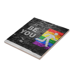 SlipperyJoe's Be You brick wall stick figure rainb Ceramic Tile