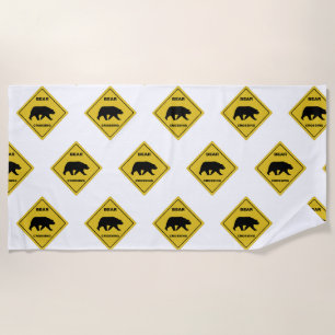 SlipperyJoe's bear crossing sign bear silhouette w Beach Towel