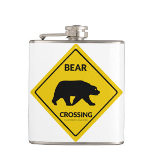 SlipperyJoe's bear crossing sign bear silhouette w Hip Flask