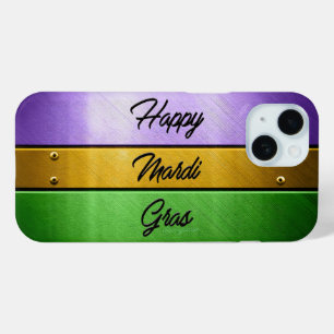 SlipperyJoe's bold Mardi Gras theme purple gold gr iPhone 15 Case