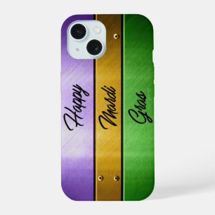 SlipperyJoe's bold Mardi Gras theme purple gold gr iPhone 15 Case